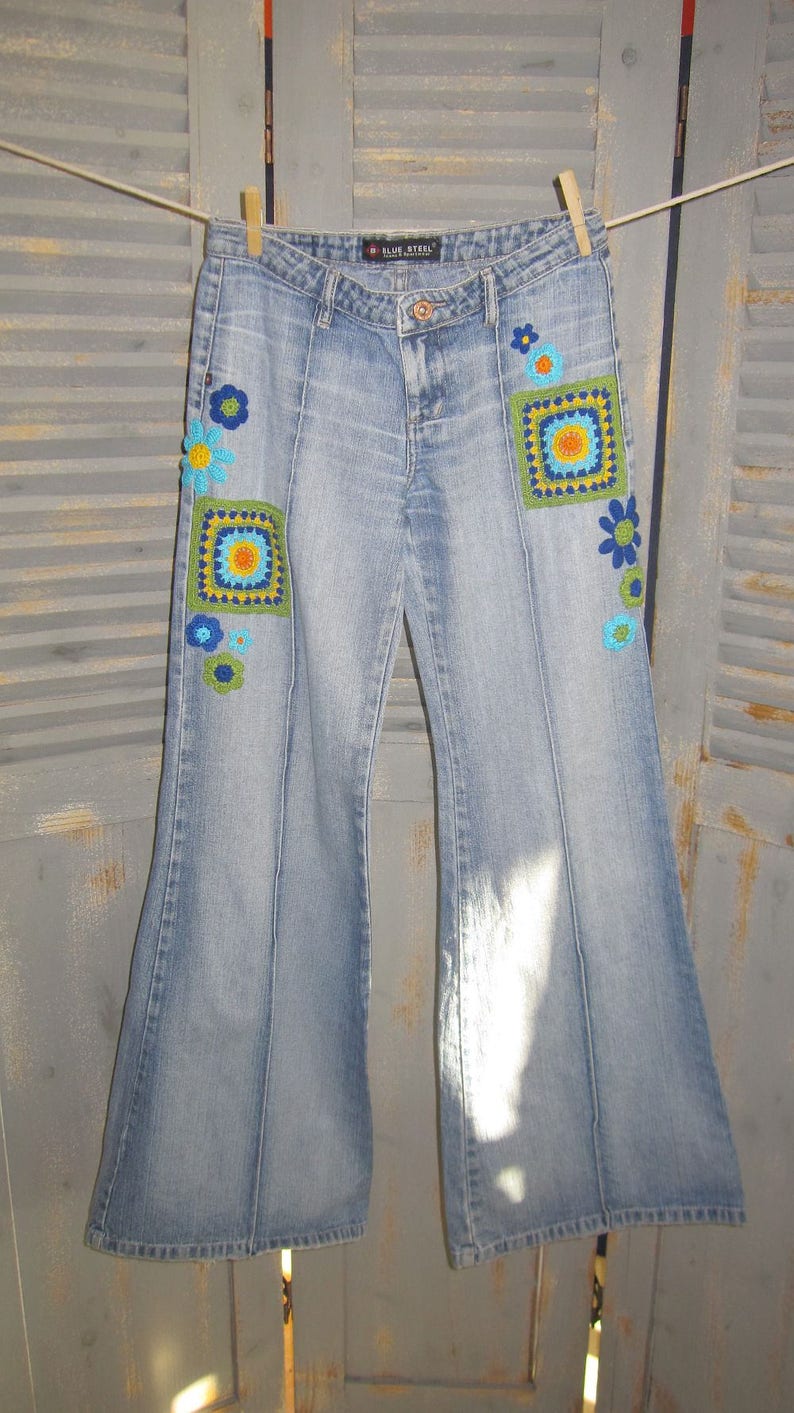 Bell Bottoms with Granny Squares and Flowers Embellished | Etsy