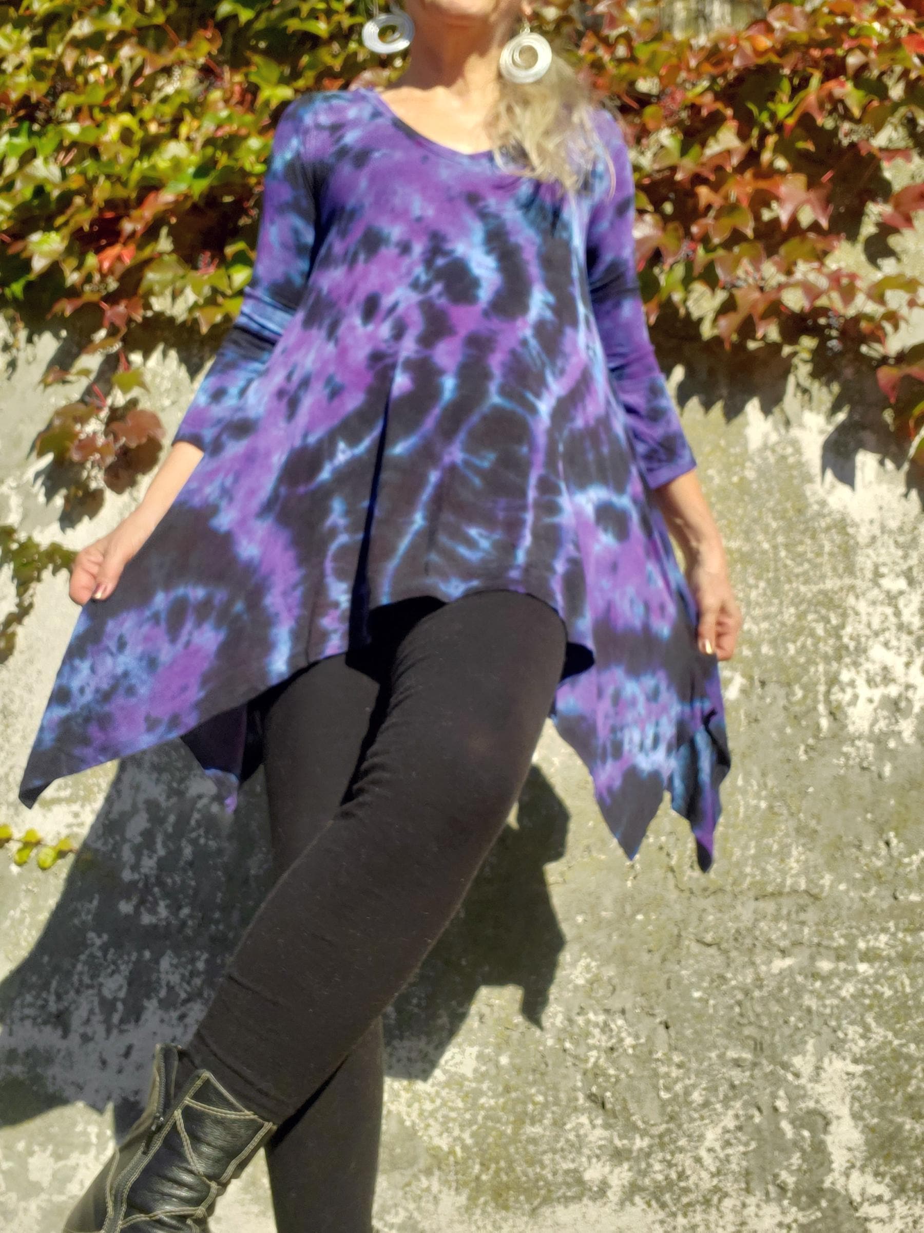 Tie Dye Crop Top With Long Flare Sleeves - Colourful Wrap Front/Back, Cotton Spandex, Sizes 2-8 US - View #2