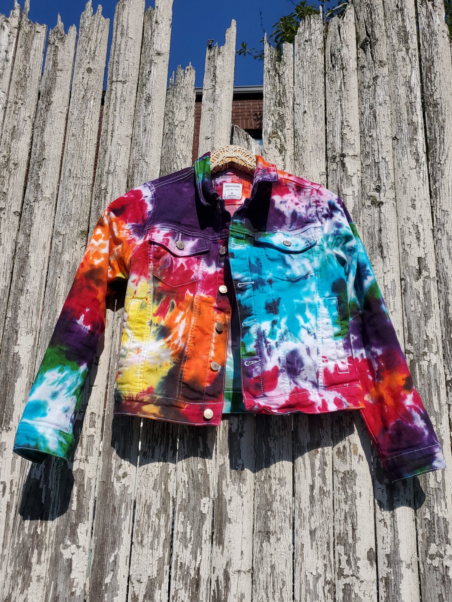 ASOS DESIGN tie dye denim jacket in rainbow wash