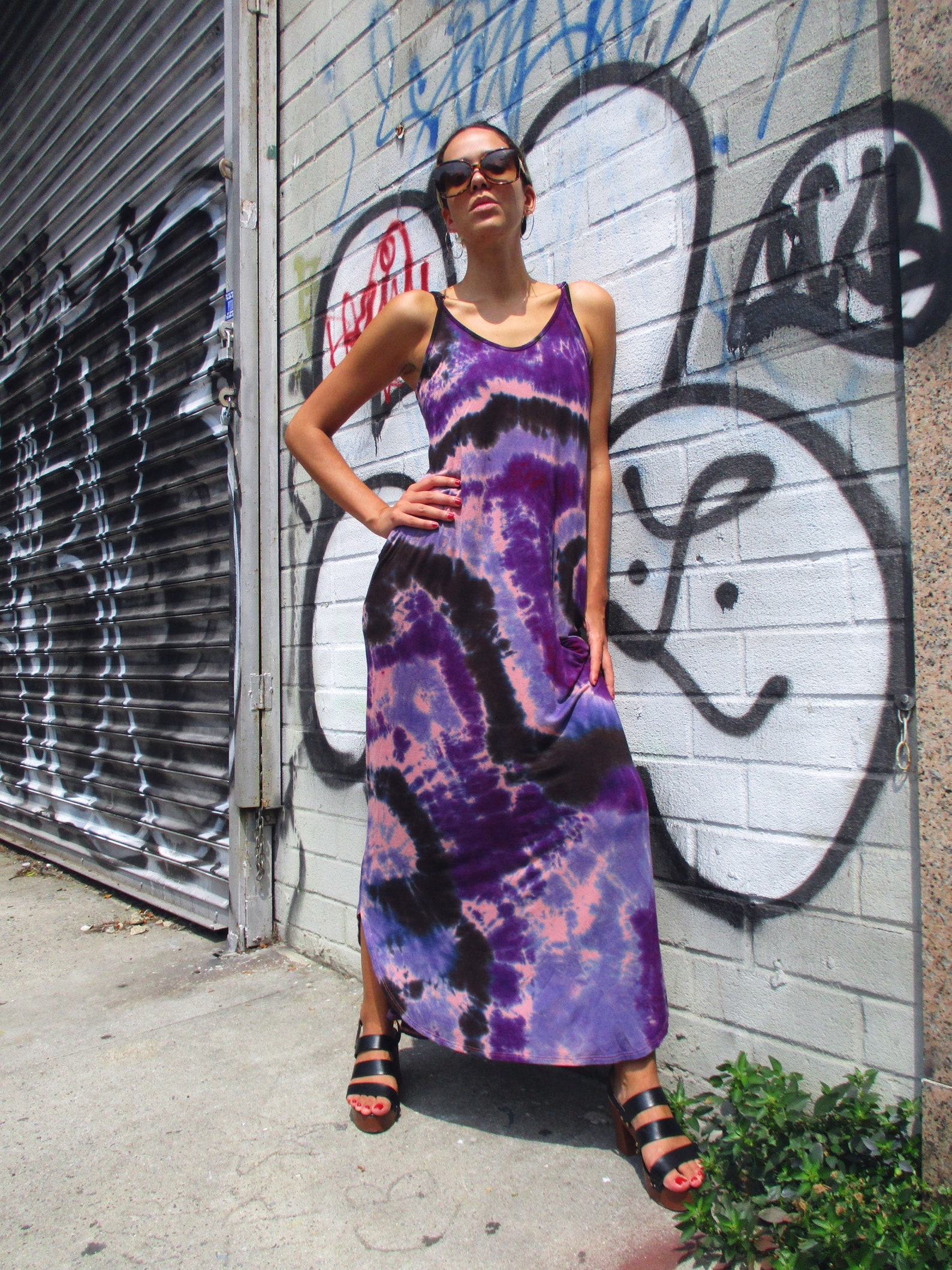 Blue Cotton Shirt Dresses Stand Collar Tie Dye Summer AP043