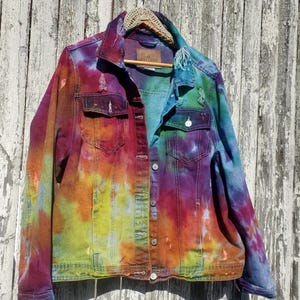 Distressed 3XL Denim Jacket in Rainbow Tie Dye