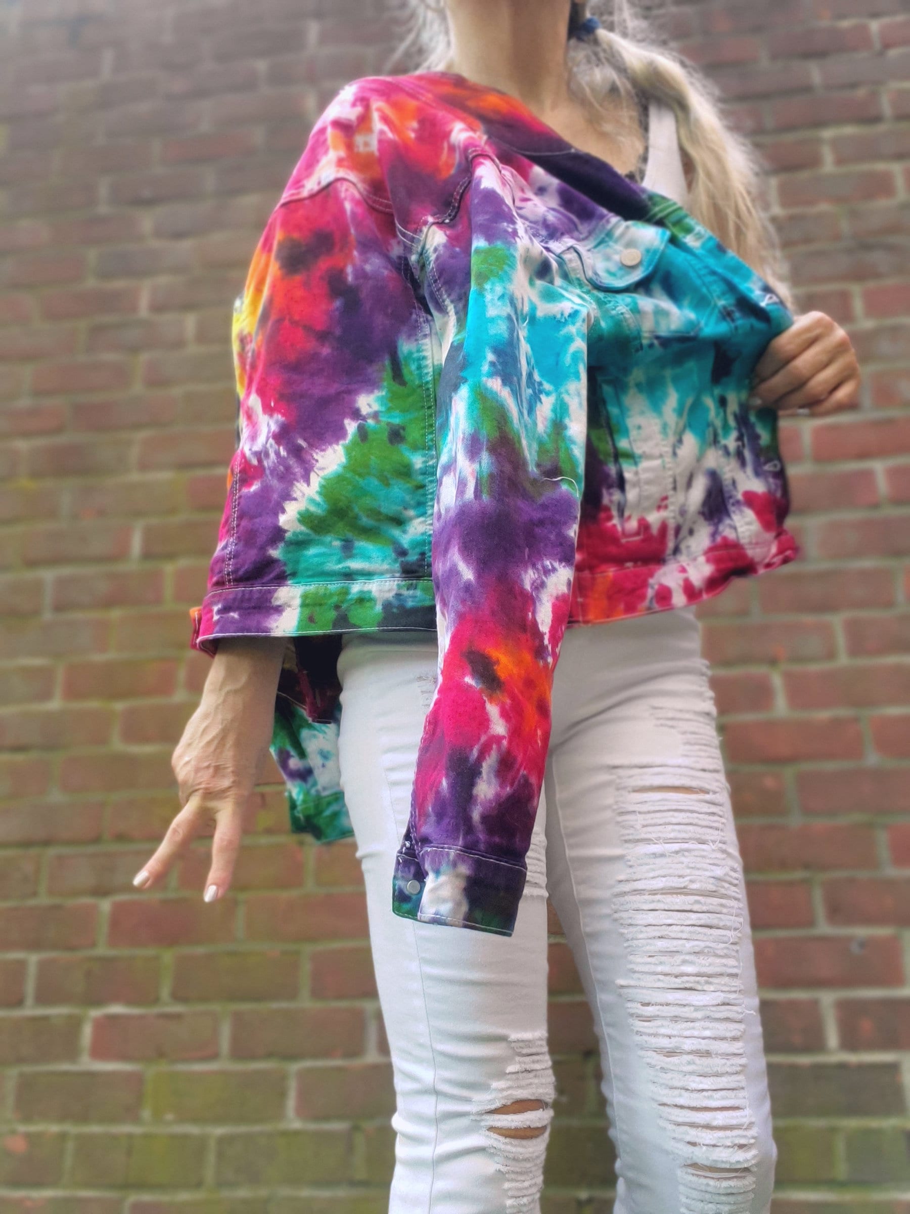 ASOS DESIGN tie dye denim jacket in rainbow wash