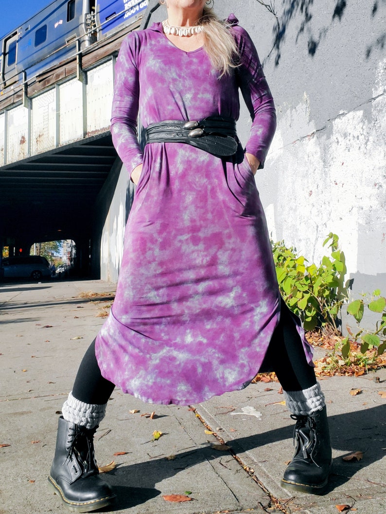 Hand Dyed Hooded Dress in Distressed Dusty Purple image 2