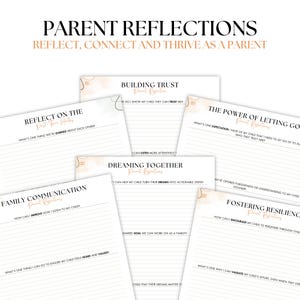 May include: A printable worksheet with a peach and green watercolor background. The worksheet is titled "Parent Reflections" and includes prompts for reflection on topics such as building trust, family communication, dreaming together, the power of letting go, and fostering resilience.