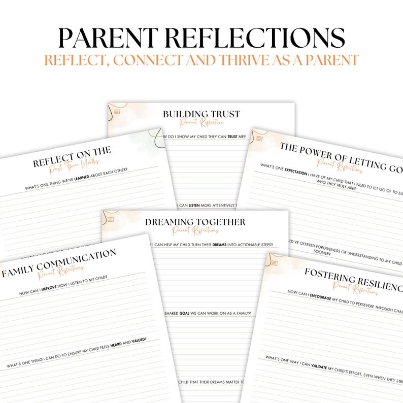 May include: A printable worksheet with a peach and green watercolor background. The worksheet is titled "Parent Reflections" and includes prompts for reflection on topics such as building trust, family communication, dreaming together, the power of letting go, and fostering resilience.