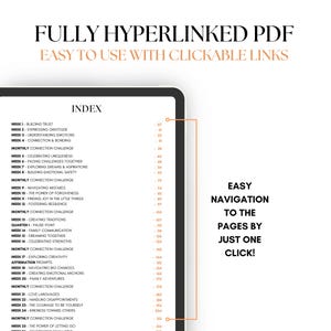 May include: A black and white image of a tablet screen displaying a list of weekly topics and page numbers. The text "FULLY HYPERLINKED PDF" is at the top of the image. The text "EASY TO USE WITH CLICKABLE LINKS" is below the first line of text. The text "INDEX" is at the top of the list. The text "EASY NAVIGATION TO THE PAGES BY JUST ONE CLICK!" is on the right side of the image.