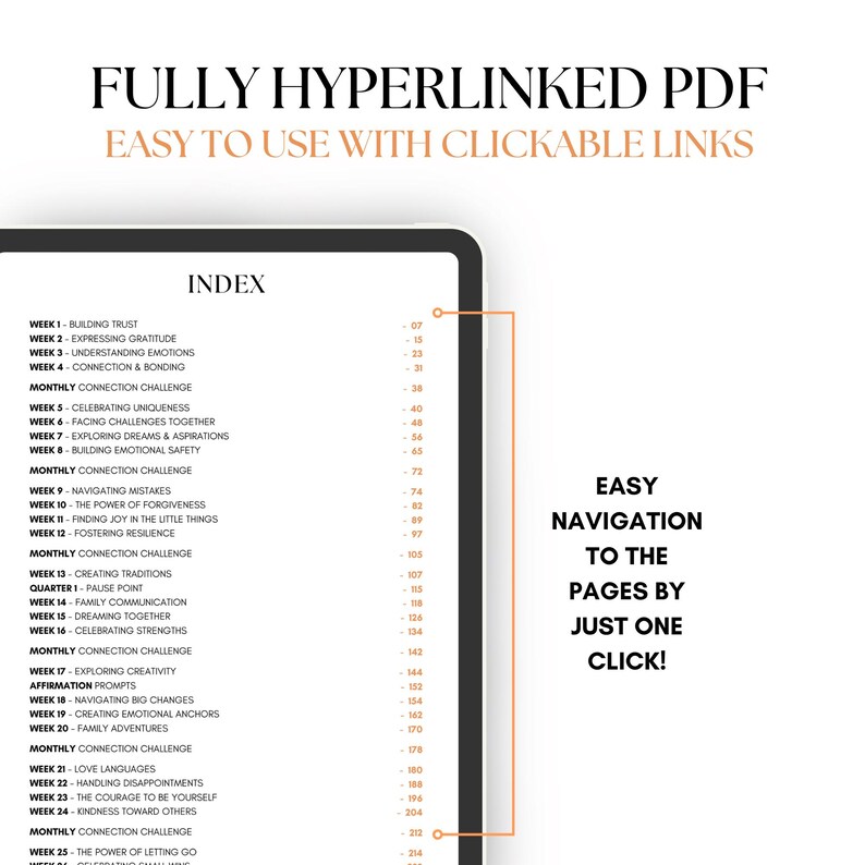 May include: A black and white image of a tablet screen displaying a list of weekly topics and page numbers. The text "FULLY HYPERLINKED PDF" is at the top of the image. The text "EASY TO USE WITH CLICKABLE LINKS" is below the first line of text. The text "INDEX" is at the top of the list. The text "EASY NAVIGATION TO THE PAGES BY JUST ONE CLICK!" is on the right side of the image.