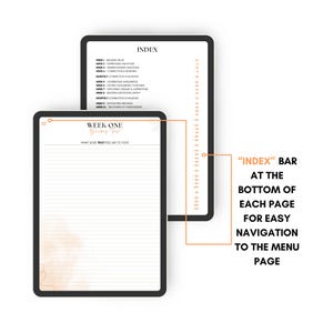 May include: A digital planner with a black cover and a white background. The planner is open to a page titled "Week One: Building Trust". The page has a light brown watercolor background and lined paper. The planner also has an index bar at the bottom of each page for easy navigation to the menu page.