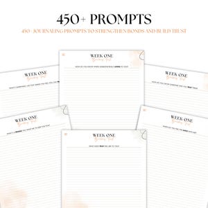 May include: Five printable journal pages with the text "Week One Building Trust" and prompts for building trust in relationships. The pages have a peach and white watercolor background.