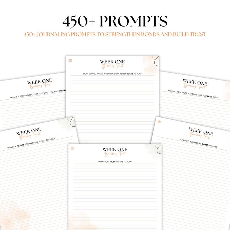 May include: Five printable journal pages with the text "Week One Building Trust" and prompts for building trust in relationships. The pages have a peach and white watercolor background.