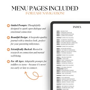May include: A light brown page with a list of weekly and monthly prompts for connection and bonding. The page is titled "Menu Pages Included for Easy Navigation!" and includes a list of topics such as "Building Trust", "Expressing Gratitude", "Navigating Mistakes", "Creating Traditions", "Exploring Creativity", "Love Languages", and "The Power of Letting Go".
