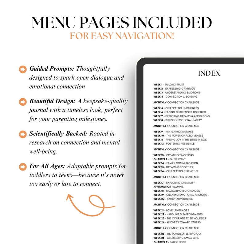 May include: A light brown page with a list of weekly and monthly prompts for connection and bonding. The page is titled "Menu Pages Included for Easy Navigation!" and includes a list of topics such as "Building Trust", "Expressing Gratitude", "Navigating Mistakes", "Creating Traditions", "Exploring Creativity", "Love Languages", and "The Power of Letting Go".
