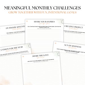 May include: A set of printable monthly challenges for families to grow together. The challenges include outdoor adventures, sharing stories, creative projects, acts of kindness, and sharing the love. The challenges are written on a white background with a watercolor-like design.