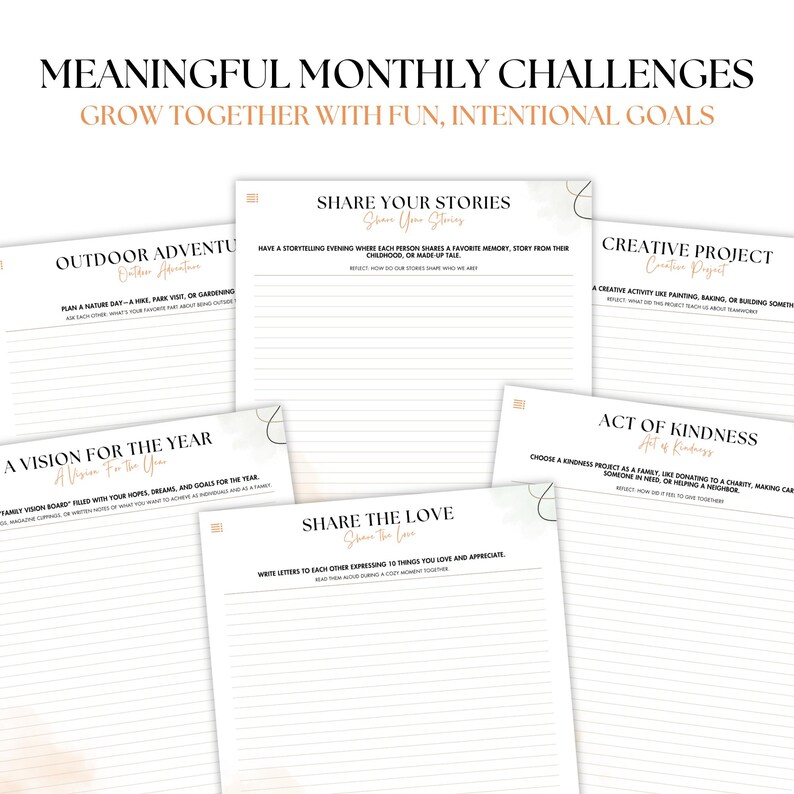 May include: A set of printable monthly challenges for families to grow together. The challenges include outdoor adventures, sharing stories, creative projects, acts of kindness, and sharing the love. The challenges are written on a white background with a watercolor-like design.
