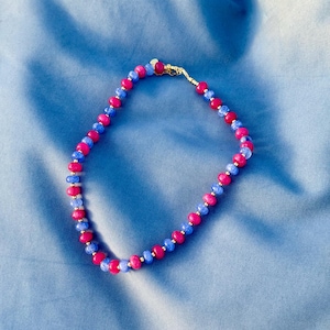 Pink and Blue Stone Bead Necklace: Gold Filled Clasp, Handmade Jewelry