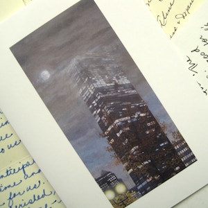 Leere Karte – mondbeschienener Wolkenkratzer, Stadtszene, Boston, Skyline, Nachtszene, Geburtstag, Gruß, der nach den Sternen greift, Einweihungsfeier, Abschlussfeier
