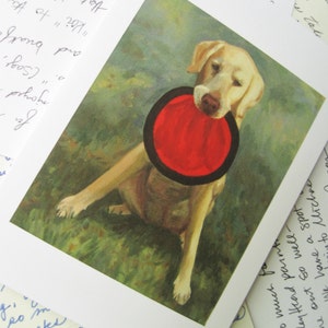Blank card with yellow lab, dog with frisbee, dog with toy, happy dog, dog card, yellow lab card, greeting card, thank you card, notecard