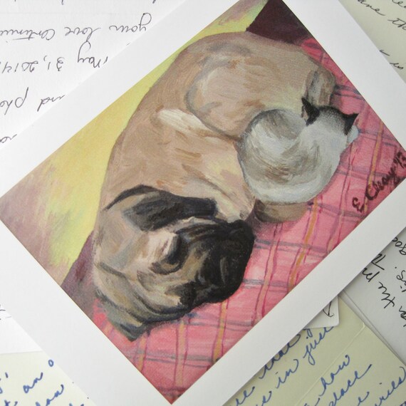 Blank card with cat and dog cuddling, pink, yellow, cat and dog snuggling, pink plaid, mastiff, bull mastiff, old english mastiff, cat, dog