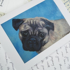 Tarjeta en blanco con perro pug, azul, negro, tostado, tarjeta de felicitación, disculpa, tarjeta de condolencia, mascota, tarjeta de nota, tarjeta de agradecimiento, tarjeta de arte