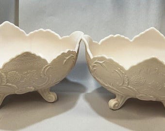 2 Pink Milk Glass Footed Embossed Compote Fruit Bowls Jeanette Lombardi 1959