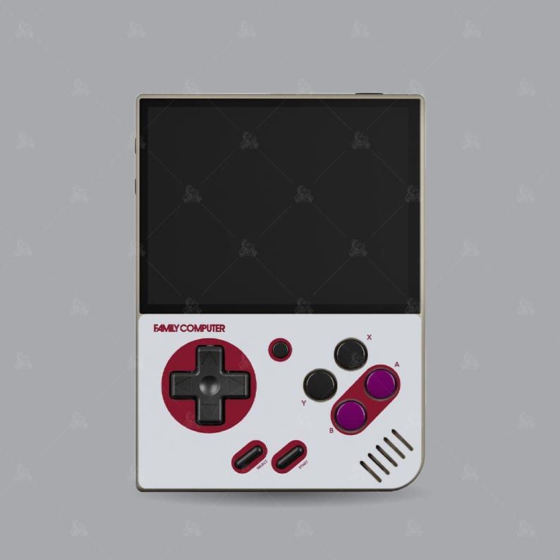 Puede incluir: Una consola de videojuegos port&aacute;til blanca y gris con una pantalla negra. La consola tiene un panel de control rojo y negro con un pad direccional y botones etiquetados como "A", "B", "X", "Y" y "Start". La consola tambi&eacute;n tiene una etiqueta que dice "FAMILY COMPUTER".
