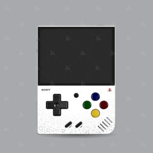 Puede incluir: Una consola de juegos port&aacute;til blanca con una pantalla negra, un pad direccional negro y cuatro botones de colores. La consola tiene un fondo blanco con un patr&oacute;n de formas geom&eacute;tricas grises y la palabra "SONY" impresa en la parte delantera.