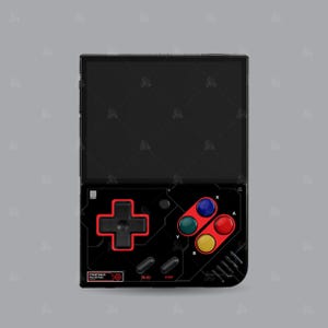 Puede incluir: Una consola de juegos port&aacute;til negra con un panel de control rojo y negro. La consola tiene una pantalla, cuatro botones de colores y un pad direccional. La consola tiene el texto "STREETWEAR INDUSTRIES" en la esquina inferior izquierda.