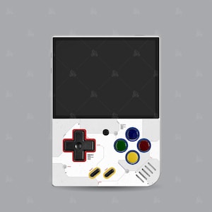 Puede incluir: Una consola de juegos port&aacute;til blanca con una pantalla negra, un bot&oacute;n en forma de cruz rojo y blanco y cuatro botones circulares de colores. La consola tiene un dise&ntilde;o blanco y gris con un patr&oacute;n de placa de circuito.
