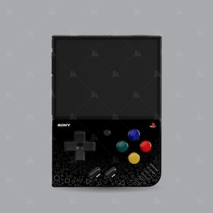 Puede incluir: Una consola de juegos port&aacute;til negra con una pantalla, botones y un pad direccional. La consola tiene un logotipo SONY blanco y un logotipo de PlayStation. La consola est&aacute; decorada con un patr&oacute;n de c&iacute;rculos, cuadrados y tri&aacute;ngulos blancos.