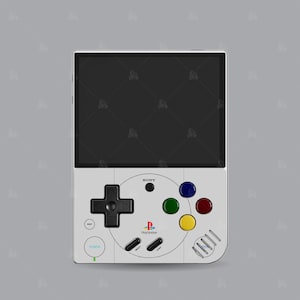 Puede incluir: Una consola de juegos port&aacute;til blanca con una pantalla negra, un pad direccional negro y cuatro botones de colores. La consola tiene un logotipo de PlayStation y el texto "SONY" y "PlayStation" impreso en ella.