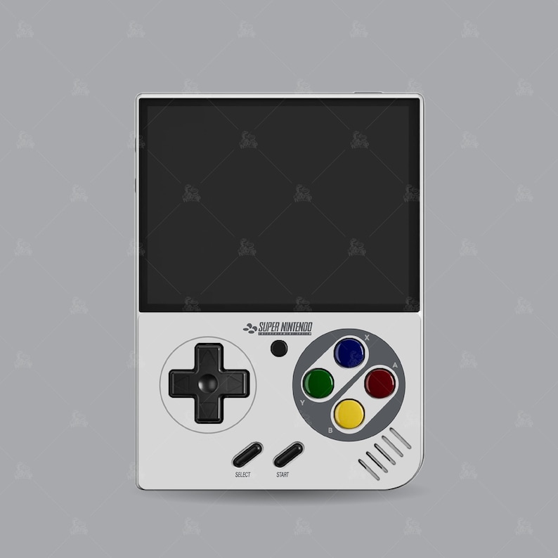 Puede incluir: Una consola de juegos port&aacute;til blanca con una pantalla negra, un panel de control gris y una disposici&oacute;n de botones coloridos. La consola est&aacute; etiquetada como "SUPER NINTENDO".