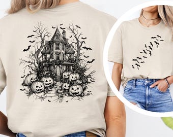 Halloween Haunted House Shirt, Spooky Pumpkin and Bats Shirt, Fall Halloween Shirt, Scary Haunted Mansion Tee, Spooky Season Shirt 313671