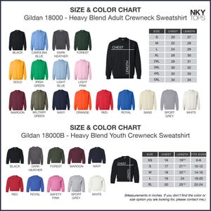 a chart showing the size and color of sweatshirts