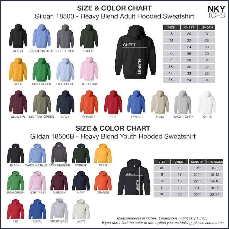 the size and color chart for a men's hoodie