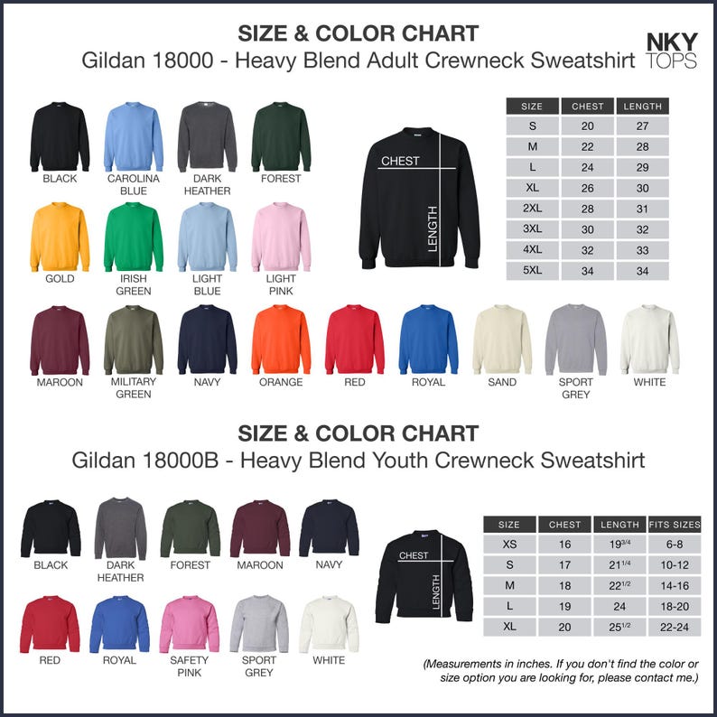 a chart showing the size and color of sweatshirts