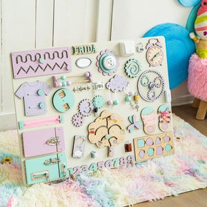 Busy Board for Baby 1 2 3 4 Year Old, 1st Birthday Gift, Sensory Board, Montessori Wood Board Gift, Toddler Busy Board, Custom Busy Board