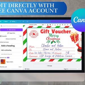 Puede incluir: Una pantalla de ordenador que muestra una plantilla de dise&ntilde;o de Canva para un vale de regalo de Navidad. La plantilla presenta un fondo a rayas rojas y verdes con una ilustraci&oacute;n de Pap&aacute; Noel y el texto "Vale de regalo Feliz Navidad". Los campos de texto incluyen "De", "Para", "Fecha", "Cantidad" y "Comentario".