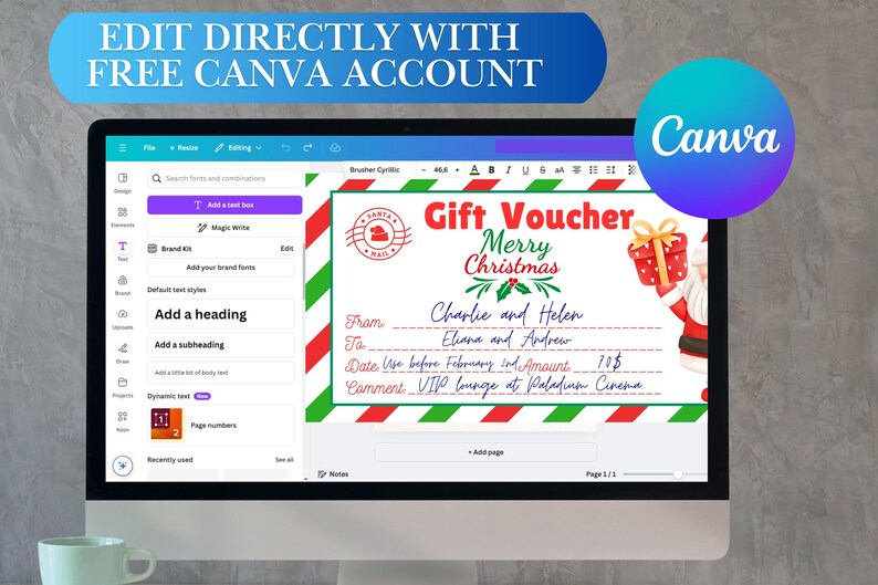 Puede incluir: Una pantalla de ordenador que muestra una plantilla de dise&ntilde;o de Canva para un vale de regalo de Navidad. La plantilla presenta un fondo a rayas rojas y verdes con una ilustraci&oacute;n de Pap&aacute; Noel y el texto "Vale de regalo Feliz Navidad". Los campos de texto incluyen "De", "Para", "Fecha", "Cantidad" y "Comentario".