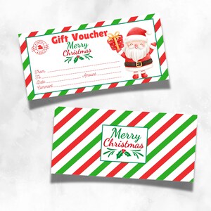 Puede incluir: Un vale de regalo imprimible con un fondo a rayas rojo y verde. El vale presenta a un Pap&aacute; Noel de dibujos animados sosteniendo un regalo y el texto "Gift Voucher Merry Christmas".