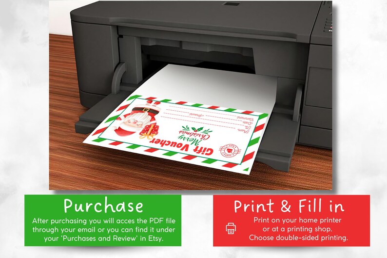 Puede incluir: Plantilla de vale de regalo de Navidad imprimible con una ilustraci&oacute;n de Pap&aacute; Noel y un borde rojo y blanco a rayas. El texto en el vale dice "Vale de regalo Feliz Navidad".