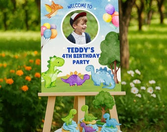 Cartel de bienvenida de cumpleaños de dinosaurio, póster editable para fiesta de dinosaurios, imprimible, cumpleaños infantil, descarga instantánea, plantilla digital editable