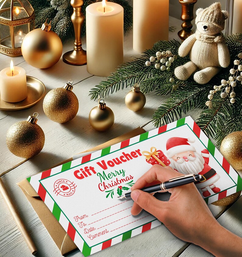 Puede incluir: Un vale de regalo blanco con rayas rojas y verdes, que presenta a un Pap&aacute; Noel de dibujos animados sosteniendo un regalo. El vale tiene el texto "Gift Voucher Merry Christmas" y espacios para rellenar los detalles: De, Para, Fecha, Comentario.