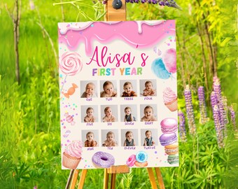 Collage editable de primer cumpleaños, plantilla de dulces para cumpleaños, cumpleaños infantil, Canva, póster con foto de dulces para el primer cumpleaños, tablero de hitos