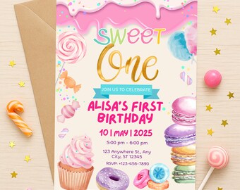 Invitación editable de primer cumpleaños con tema pastel, plantilla de dulces para cumpleaños, invitación de primer cumpleaños con dulces de Canva para cumpleaños infantil. Postre.