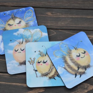 Whimsical Bees in Clouds Coasters, Bee Themed Gift Ideas, Bee Coasters, Cork Back Hardboard Coasters, Cute Coasters