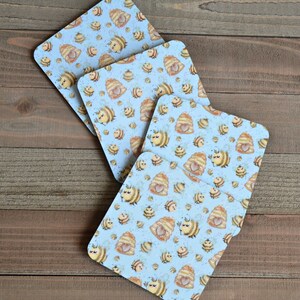 Whimsical Bees and Hives Coasters, Bee Themed Gift Ideas, Bee Coasters, Cork Back Hardboard Coasters, Cute Coasters