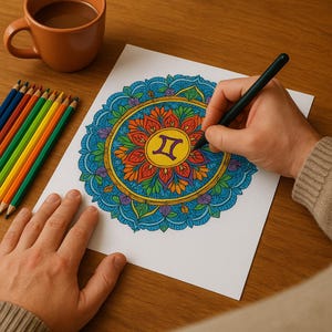 Puede incluir: Una persona colorea un diseño de mandala detallado con lápices de colores. El mandala presenta un símbolo de Géminis central en un cuadrado amarillo, rodeado de patrones florales naranjas, azules y verdes. También se ve una taza de café y un juego de lápices de colores.