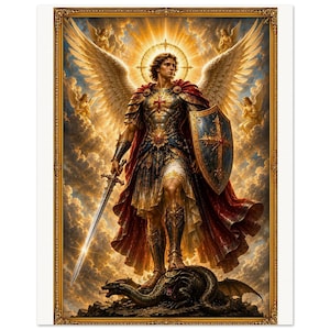 May include: A framed wall art print depicting a winged figure in ornate metallic armor, wearing a red cape, holding a long sword and a shield with a cross emblem. The figure stands atop a dark dragon amidst a golden, cloudy, celestial sky.