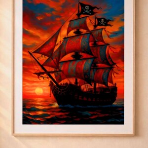 Red Pirate Ship Wall Art | Dramatic Ocean Sunset | Nautical Maritime Artwork | Museum-Quality Fine Art