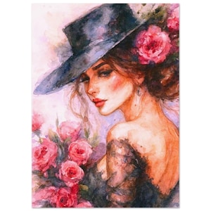 Könnte beinhalten: Aquarellmalerei einer Frau mit einem breitkrempigen schwarzen Hut, der mit rosa Rosen geschmückt ist. Sie hält einen Strauß rosa Rosen. Die Frau hat rote Lippen und trägt ein schwarzes Spitzentop. Das Kunstwerk hat eine weiche, romantische Ausstrahlung.